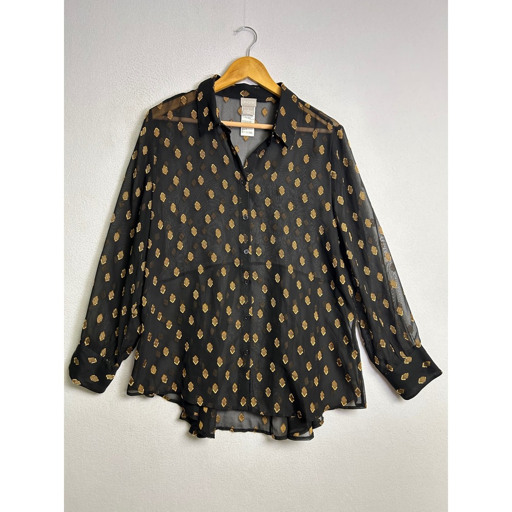 Boho Chic Chicos Womens Size 2 Black Gold Metallic Fil Coupe Button Down Blouse